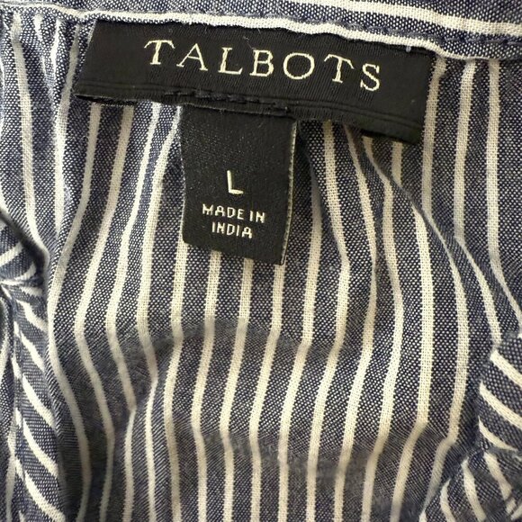 Talbots Long Sleeve Black & White Stripe with Floral Embroidery 100% Cotton Sz L - Picture 2 of 8